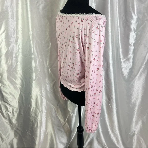 Floral Pink Long Sleeve Crop Top – Cottagecore Y2K Romantic Ruffle Blouse - Picture 5 of 6